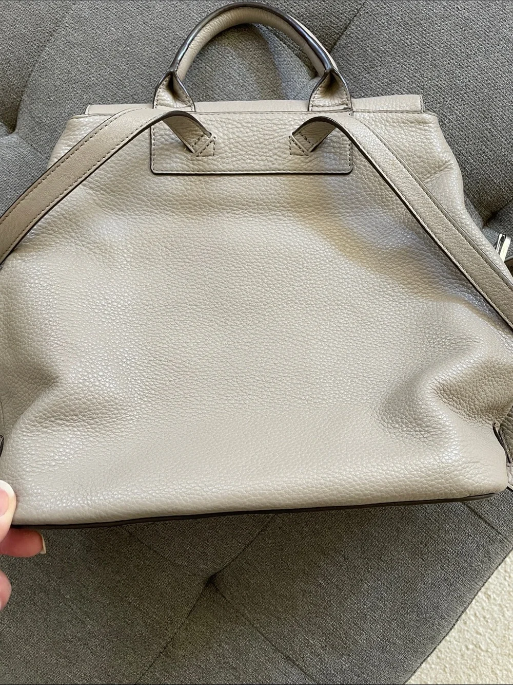 Tory Burch Pebbled Leather Tassel Backpack in Taupe Beige VG Cond